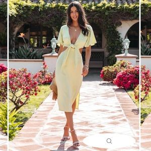 VICI LINEN BLEND TIE FRONT CUTOUT MIDI DRESS